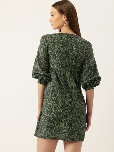 Ditsy Floral Printed Tie-Up Neck Gathered Mini Dress